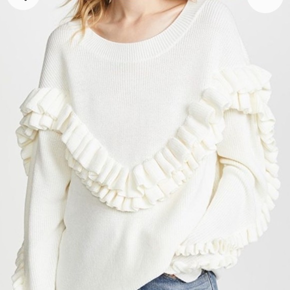 Frame Ruffle Yoke Ribbed Wool Blend Cream Knit Pullover Sweater - Picture 3 of 14